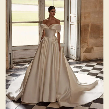 Customized Off Shoulder Satin Wedding Dress Vintage Bride Dress Folded Elegant Women Bridal Gown Vestido De Novia