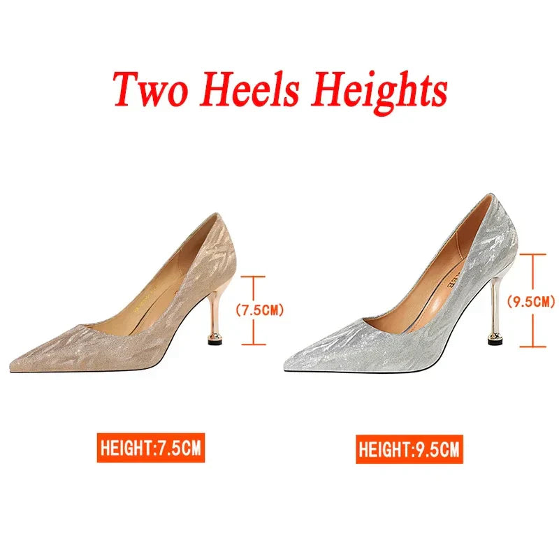 Women 7.5cm 9.5cm High Heels Pumps Lady Pointed Toe Elegant Kitten Low Heels Crystal Scarpins Wedding Bridal Gold Silver Shoes