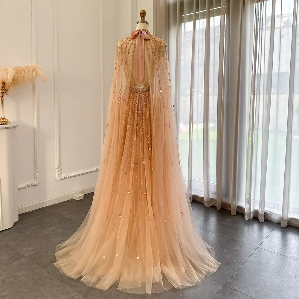 Luxury Evening Dress with Cape Sleeve Elegant Long Arabic Formal Dresses for Women Wedding Party SS495