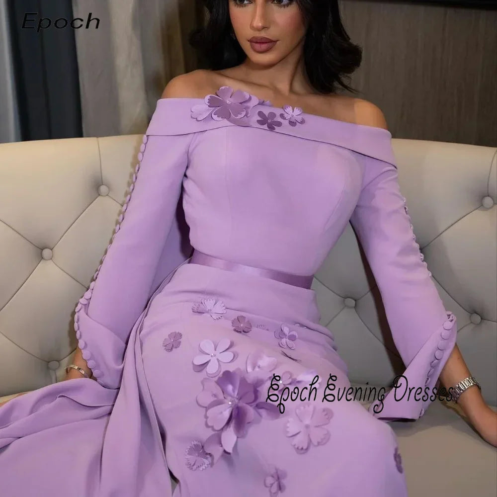 Elegant Evening Dress For Sexy Women فساتين السهرة Luxury Appliques Boat Neck A-Line Purple Cocktail Party Prom Gown