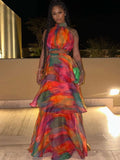Printed halter cut-out spring party dress women detail view