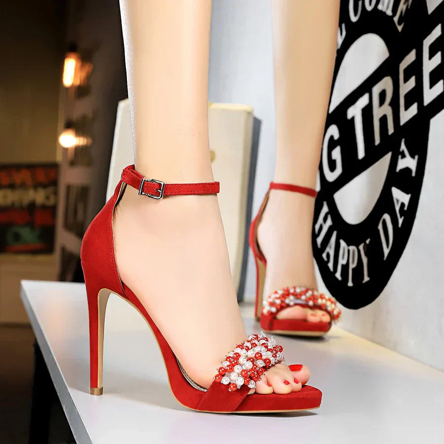 Luxury pearl rhinestone bridal crystal platform 11cm high heels ankle strap wedding women sandals detail