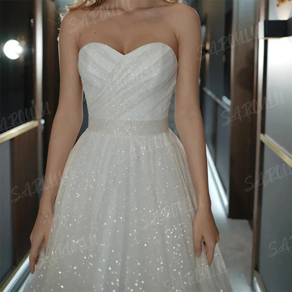 Strapless Glitter Wedding Dress A-line Sequined Shinny Bride Dresses Robe De Mariee Sleeveless Pleated Wedding Gown