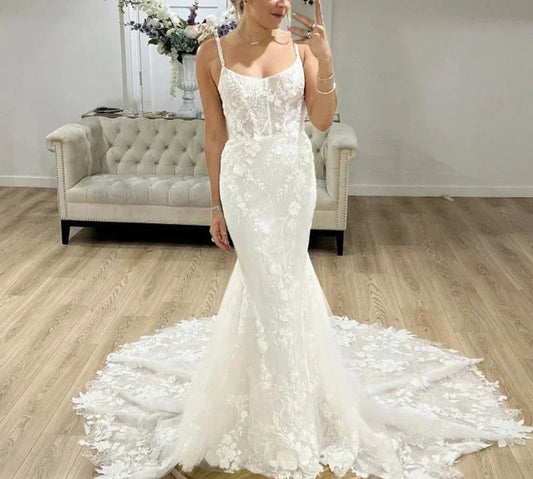 Wedding Gown For Women Lace Appliques Mermaid Sleeveless Court Train Vestido De Noiva Customized champagne