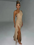 Charming elegant backless bodycon one shoulder shiny high split evening club party dress detail