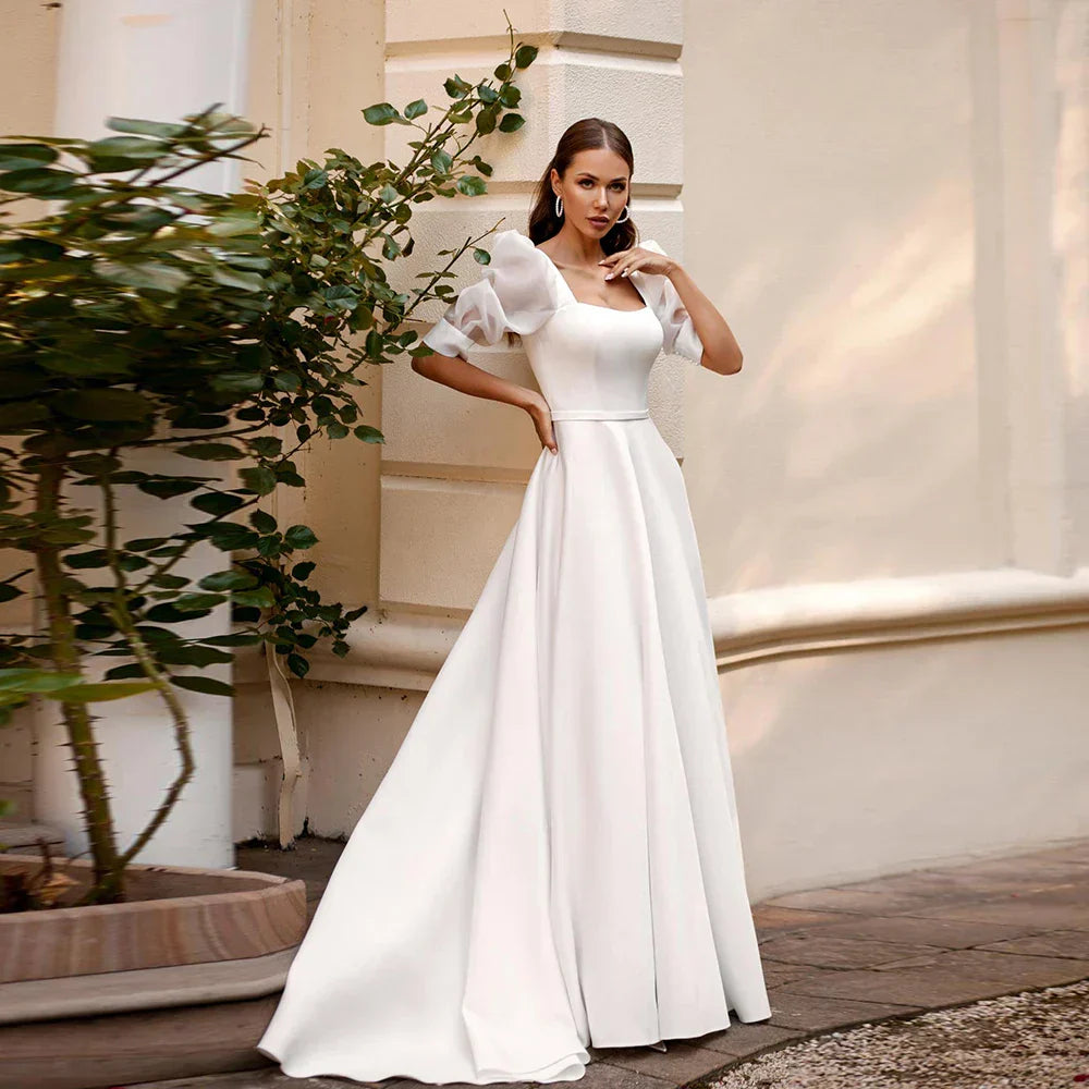 Simple White Wedding Dresses Square Neck Half Sleeves Bridal Gowns Pleat Back Zipper A-Line Sweep Train свадебное платье