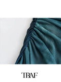 Silk mesh vintage long sleeve elegant slim midi autumn woman dress back view