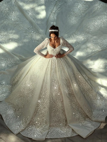 Customized Beaded Long Wedding Dresses Modest Long Sleeve Bridal Gown Charming Princess Dresses For Bride Vestidos De Noiva