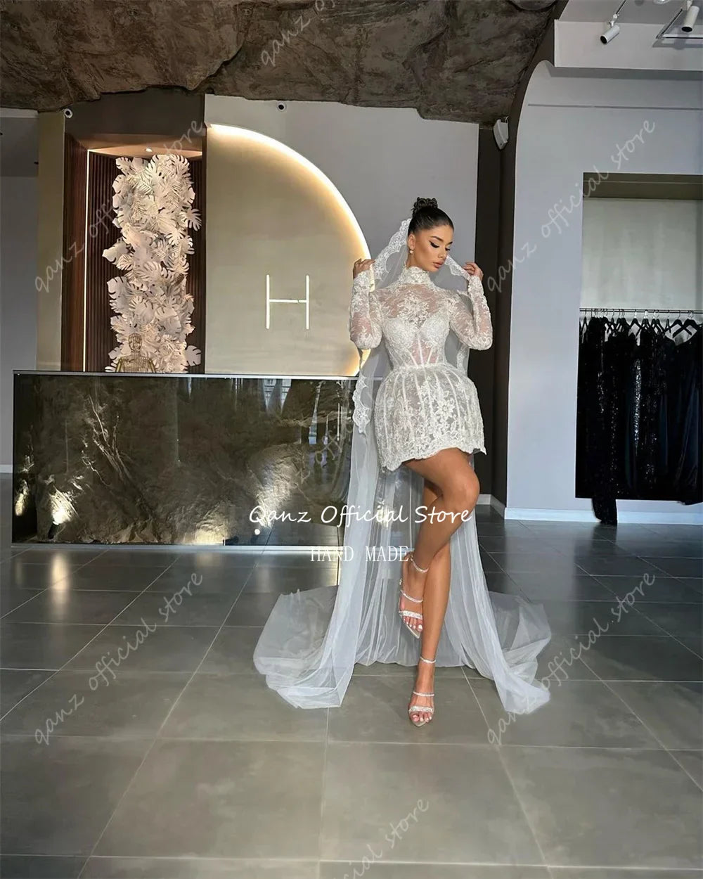 Qanz Chic Lace Wedding Party Dresses High Neck Long Sleeves Short Vestido Boda Civil Para Novia Mermaid Sheath Robe De Mariée