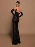 Transparent black lace mermaid backless sweetheart gloves floor length party evening dress front