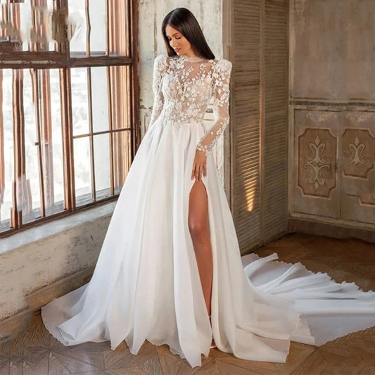 Customized Luxury Bohemian High Fork Wedding Dresses A-Line High Neck Lace Tulle Beach Bridal Gown Long Sleeves Sweep Train New