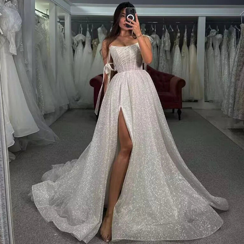 Shiny Glitter Wedding Dresses Sexy Vestido de Noivas Split Side Wedding Gowns Strapless Straps Elegant Beach Bridal Dress Boho