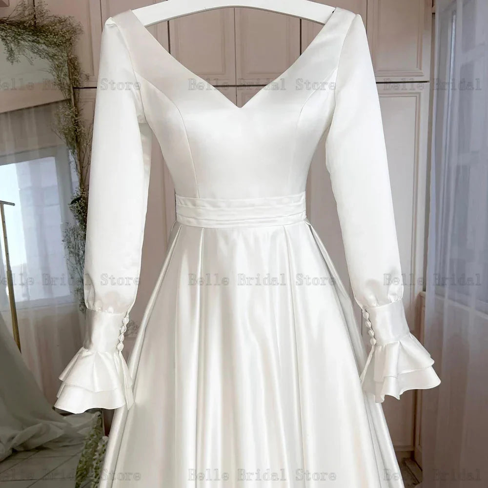 Princess Wedding Dresses V Neck Long Sleeves Bridal Gowns Pleat Back Lace Up Sweep Train A-Line Satin Vestidos De Novia