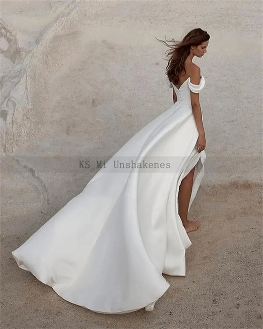 Simple Civil Wedding Dresses Off the Shoulder Sleeveless Side Split Summer Beach Bride Dress Satin Minimalist Wedding Gowns 2024