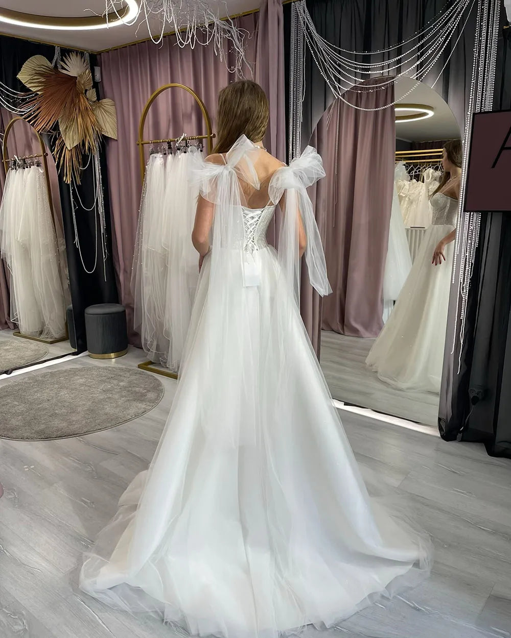 Wedding Dresses Vintage Customized Sexy Slit Bow Spaghetti Strap Sequin Tulle A-Line Corset Bridal Dress vestidos de novia