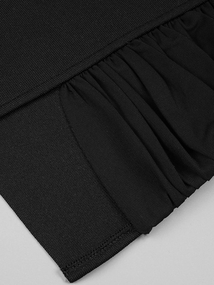 High split mesh hollow bandage black sleeveless V-neck spaghetti strap bodycon evening party dress close-up