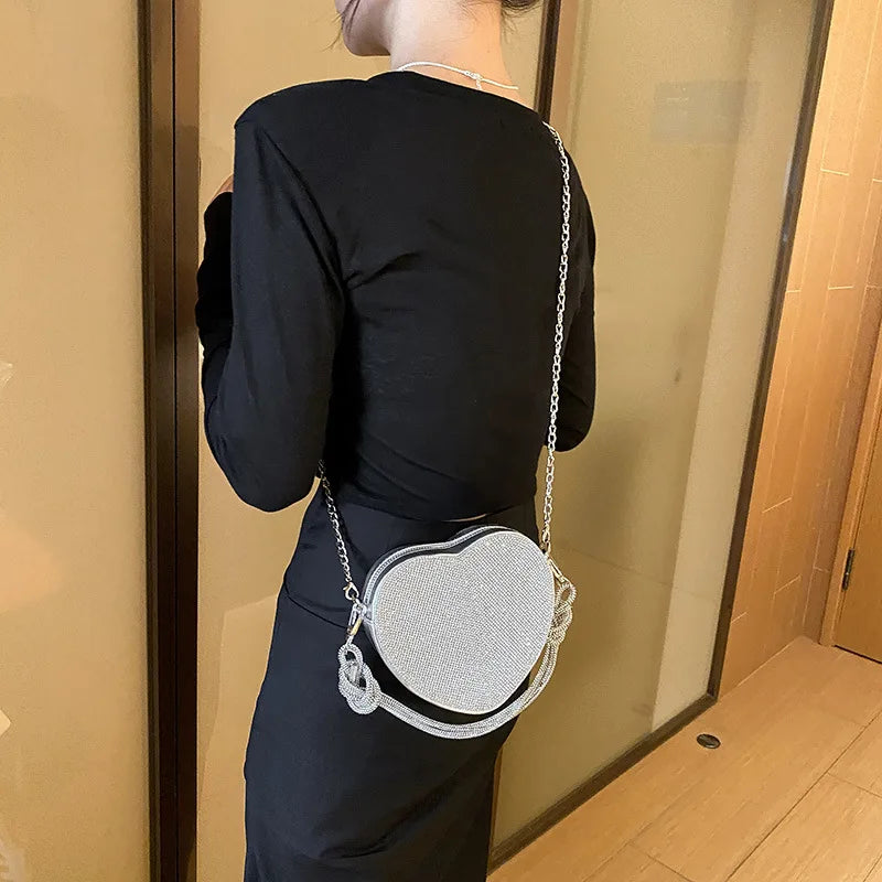 Love Diamond Box Bag Handmade Dinner Bag Water Diamond Knot Peach Heart Mobile Phone Chain Underarm Crossbody Bag