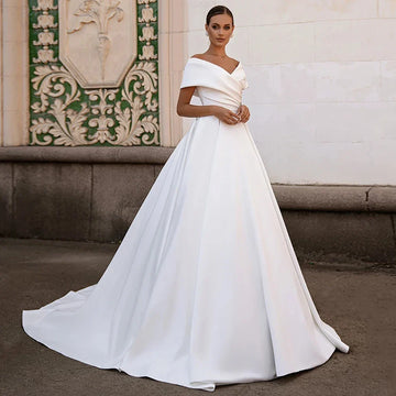 customized V Neck Wedding Dresses A-Line Off The Shoulder Simple Satin Princess Sweep Train Corset Bridal Gowns Vestido De Novia