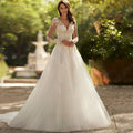 Exquisite V-neck wedding dress illusion back A-line lace applique bridal gown women