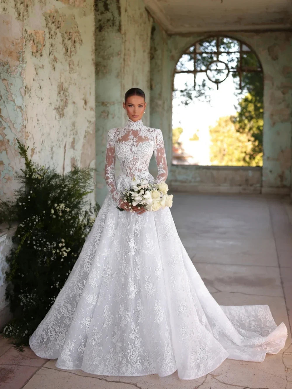 Flavinke Customized Elegant High Collar A-line Lace Wedding Dresses Long Sleeve White Bridal Gown For Bride vestidos de novia