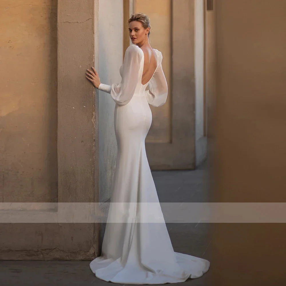 Glamorous Wedding Dresses V-Neck Backless Bridal Robes Long Puff Sleeves Gowns For Formal Party Mermaid Vestidos De Novia