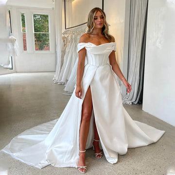 Elegant Off The Shoulder High Quality Satin A Line Wedding Dresses Side Slit Sweep Train Custom Made 2024 Vestido De Noival