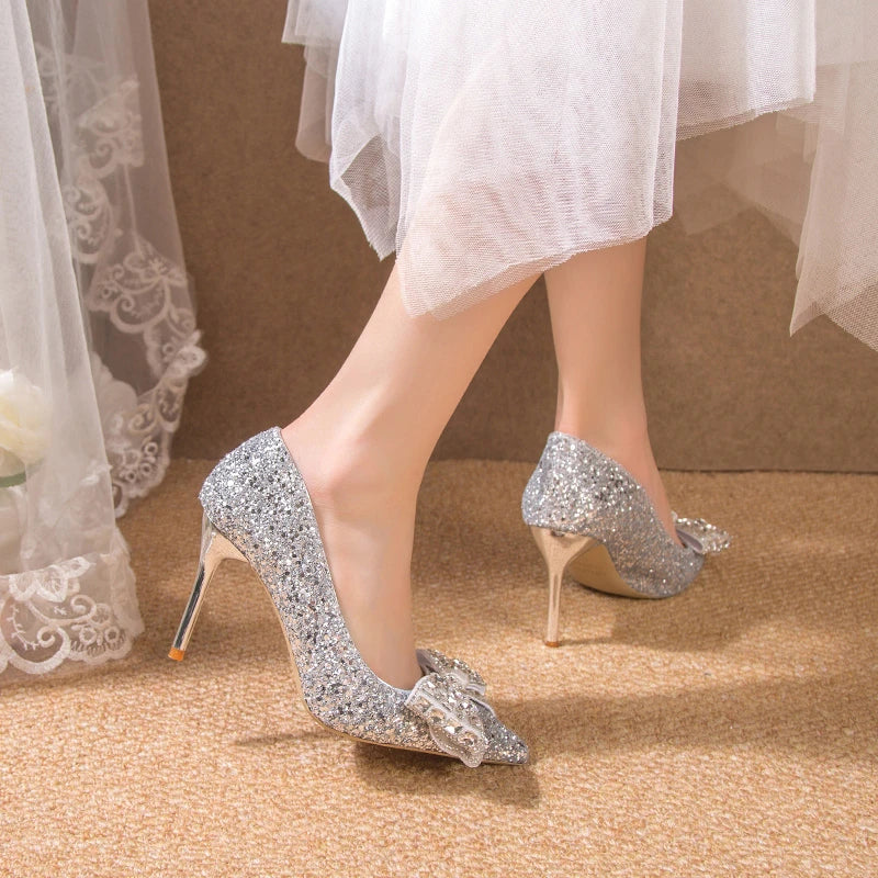 Silver High Heels Shoes Pumps Womens Wedding Shoes Bride Heels Shoes Luxury Bow Pointed High Heels Zapatos Mujer