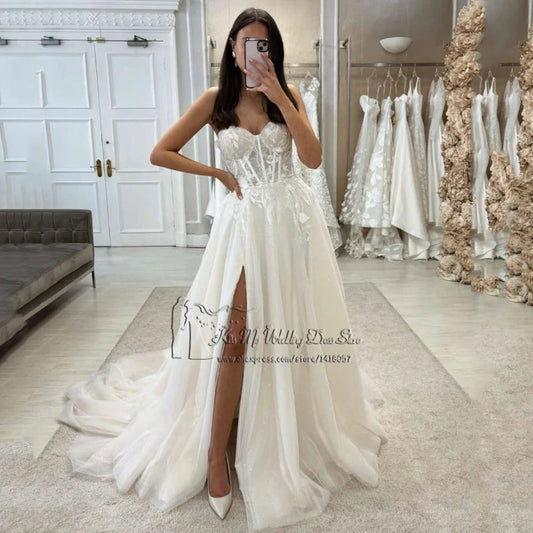 Stylish Boho Aline Wedding Dresses 2024 Lace Bride Dress Split Side Sweetheart Applique Robe De Mariée Women Personalized Custom