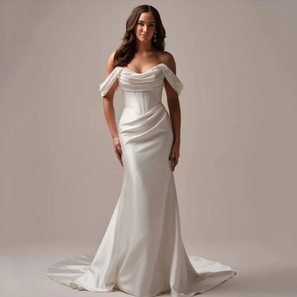 Elegant Mermaid Wedding Dress 2026 Off the Shoulder Bedas Satin Back Buttons Satin Bride Bridal Gowns