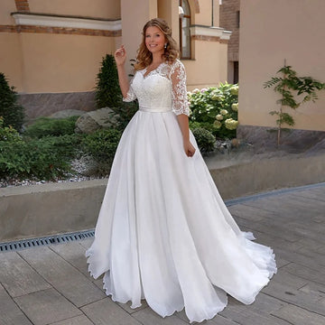 Customized Plus Size Wedding Dress for Bride Half Sleeves V Neck Applique Sweep Train A Line Organza Bridal Gown Robe De Mariee