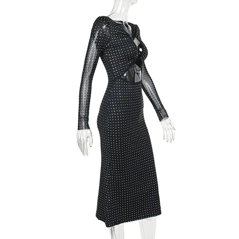 Sequins mesh hollow out long sleeve lace-up bodycon women party dress detail view