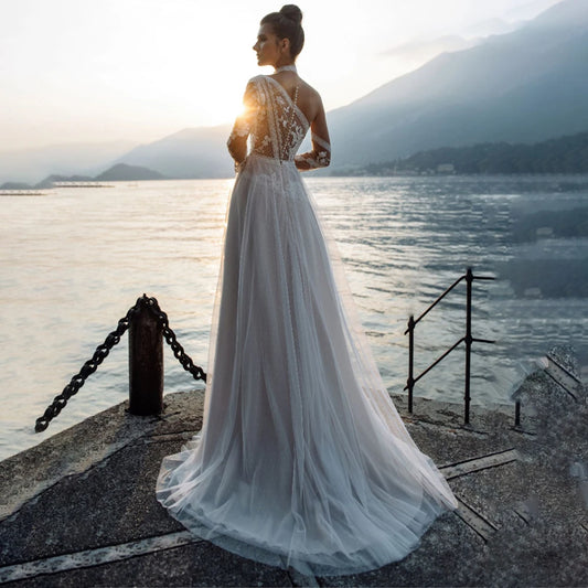 A Line See Through One Shoulder Appliqued Wedding Dress Customized Dotted Tulle Long Regular Sleeves Embroidery Bridal Gowns