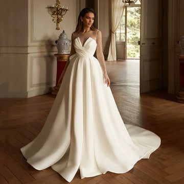 Customized Modern Wedding Dress Pleats illusion Detacheble Tulle Jacket Bride Gown Beaded High Slit Elegant Bridal Dress