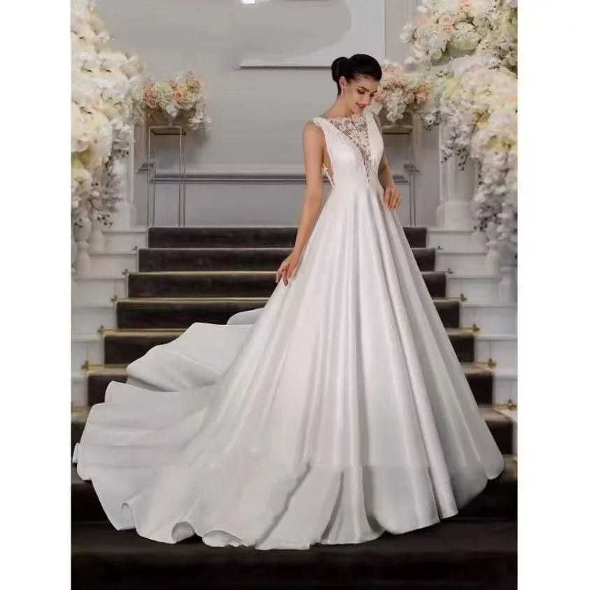 Elegant A-Line Wedding Dresses Court Train Satin Floor-Length Sleeveless Bridal Gowns Vestidos de novia Customized
