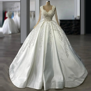 Customize Princess Wedding Dresses Illusion Full Sleeve Ball Gown Pearls Beaded Applique Vestidos de novia amanda novias officia
