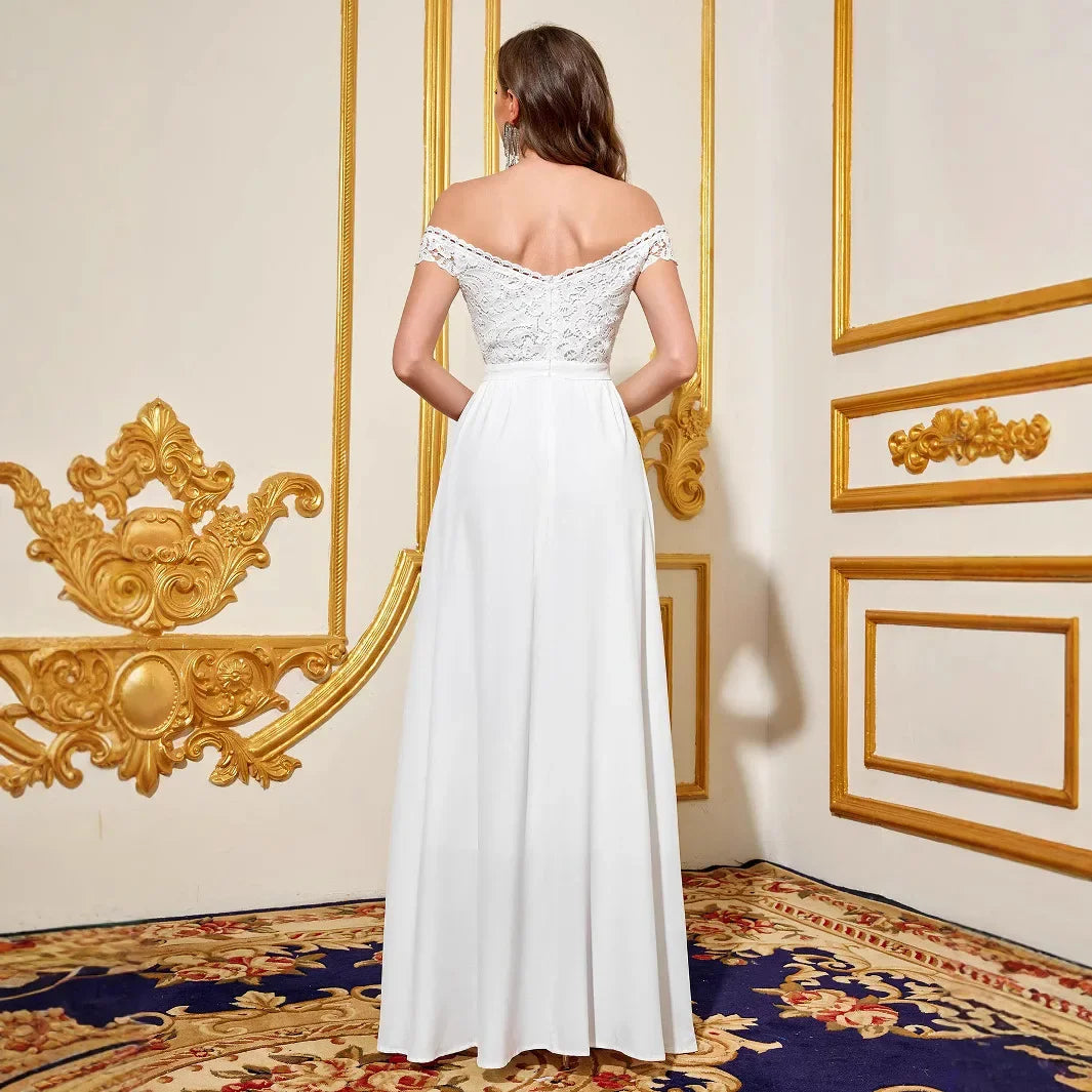 White Wedding Dress Backless Sexy Slit Long Party Evening Dresses Luxury V Neck Bridesmaid Dresses Off The Shoulder Prom Dress