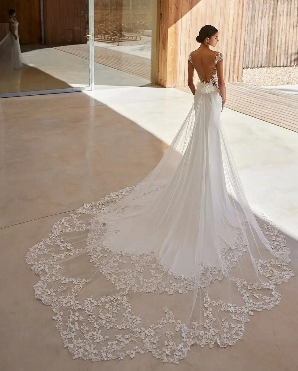 Customized Backless Lace Bridal Gown With Flowing Train Appliques Bride Dress For Women Elegant Cap Sleeve Wedding Dress