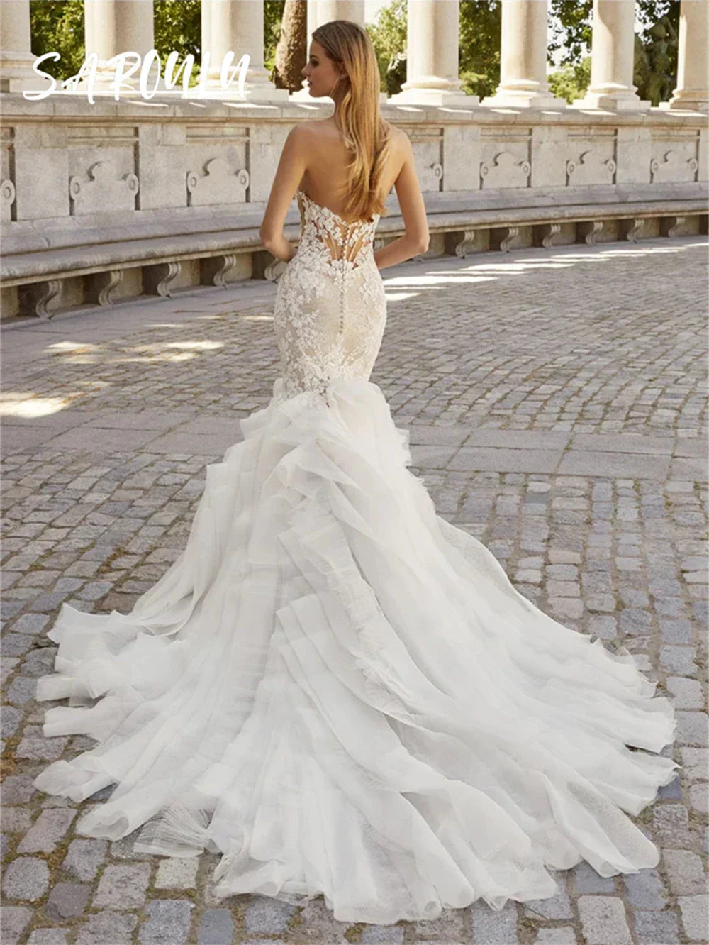 Strapless mermaid lace sweetheart front slit backless corset button bridal gown front view