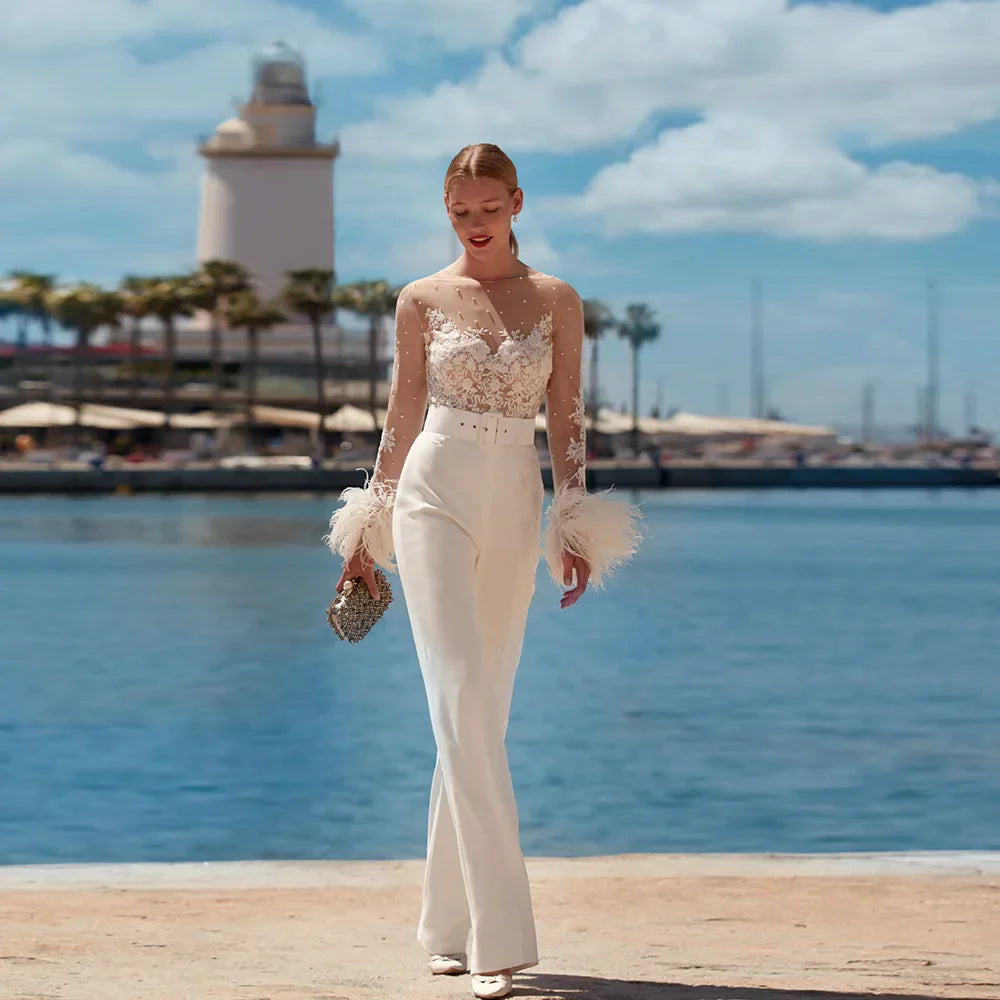 Modern Wedding Dresses Pant Suits O Neck Long Sleeves Backless Bridal Gowns Pearls Feather Appliques Sweep Train Robe De Mariee