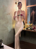 Elegant deep V-neck backless sexy evening long dress women satin bandage sleeveless maxi
