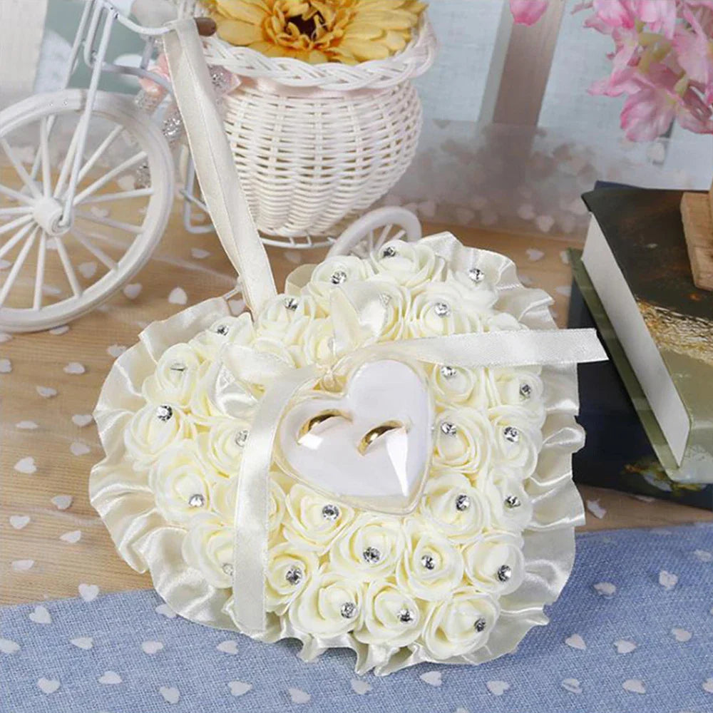 1Pcs Wedding Heart-shape Rose Flowers Ring Bearer Box Romantic Wedding Jewelry Case Pillow Cushion Holder Valentine's Day Gifts