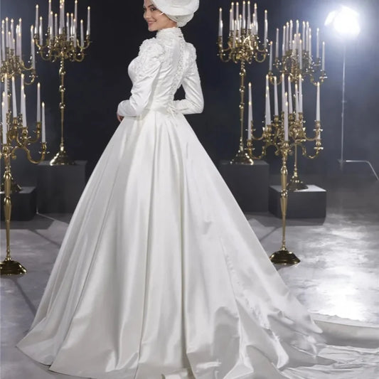 Satin Appliques Pearls Long Sleeve Muslim Wedding Dress High Neck Hijab Arabic Dubai Bride Gown Islamic Vestidos De Novia