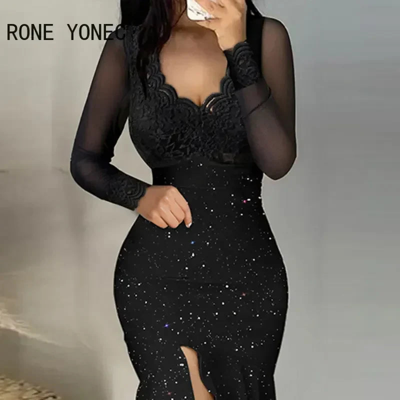 Women Glitter Chic Lace Patchwork Deep V Neck Long Sleeves High Silt Maxi Mermaid Bodycon Formal Party Dresses