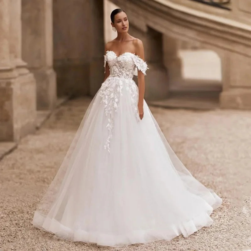 Charming Wedding Dress See Through Customized Off The Shoulder Applique Vestidos De Novia A Line Corset Bridal Gown Sweep Train