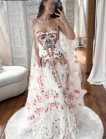 Floral Wedding Dresses Sweetheart Bridal Gowns For Bride Robe De Mariée Beach Sweep Train For Women