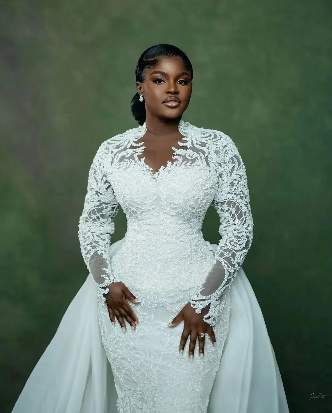 African plus size mermaid wedding dress illusion detachable train long sleeves beaded lace crystals