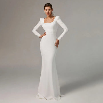 Modest Wedding Dresses Long Sleeve Buttons Mermaid Bridal Dress Simple Open Back Civil Brides Wedding Gown Customized