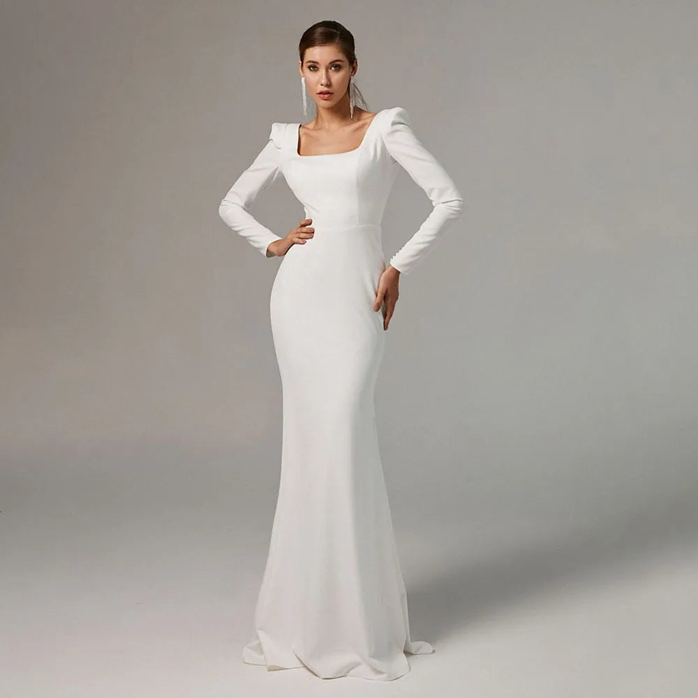Modest Wedding Dresses Long Sleeve Buttons Mermaid Bridal Dress Simple Open Back Civil Brides Wedding Gown Customized