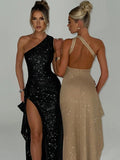 One shoulder high split shiny bodycon backless elegant evening charming party club dress women