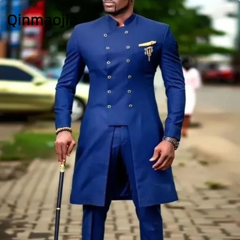 Classic slim fit men's wedding suit groom tuxedo African double breasted costume 2 piece